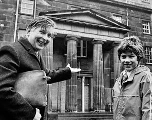 Shrewsbury businessman Mr Bob Freeman fixes it for 11-year-old Andrew Allport to visit the now closed down Royal Salop Infirmary in Shrewsbury town centre,' says the caption pasted to the back of this print in the Shropshire Star picture archive. 