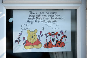Colourful drawings have been placed in the windows of Mandy Rayner's home.
