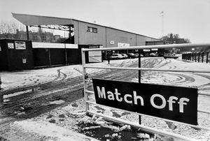 The Gay Meadow football ground, home of Shrewsbury Town (at the time). The caption reads: 'Gay Meadow message for the Shrewsbury Town fans.' December 8, 1990. The postponed match was Shrewsbury Town's FA Cup second round match against non-league Chorley.
