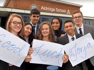 Aldridge school sixth form students wish former student Jorja Smith good luck in the Brits. Pictured left , Emily Rhind-Tutt,Naria Aumatell , Hasan Khan,Evie Morris,Alina Asif, Samuel Ripolles-Williams and Benjamin Sharpe