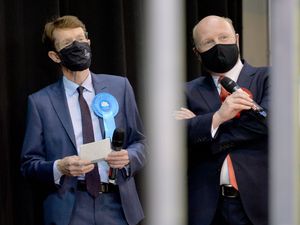 Andy Street, left, with rival Liam Byrne ahead of the declaration in Birmingham