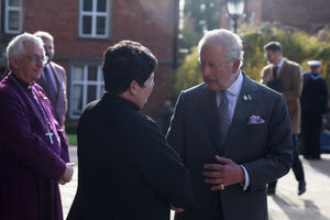 King Charles III shakes hands with the Dean of Lichfield Cathedral, Right Reverend Janet McFarlane, as he arrives for his visit to Lichfield Cathedral to celebrate the local community and heritage skills, with a focus on the Fenland Black Oak Table, The Table for the Nation.