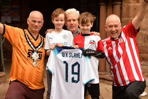 Kenyon-Slaneys, descendants of the first England football goalscorer, in Shifnal. Pictured left, mayor Roger Cox, Bertie, Rupert and Caspian Kenyon-Slaney and Rev Chris Thorpe