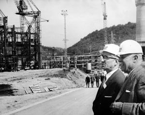 May 10, 1965, during the building of Ironbridge Power Station. The original caption was: 'Lord Forester, right, Salop County Council's planning committee chairman, with an engineer at Ironbridge.' 