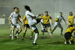 Orrin Pendley (AFC Telford United Defender) at the back post get a foot on the ball but it hits a defender  (pic Kieren Griffin)