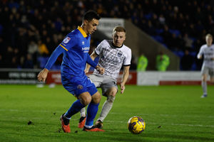 Max Mata of Shrewsbury Town and Joe Morrell of Portsmouth (AMA)