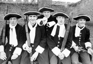 David Davies, Robert Nash, Andrew Moreton, Wayne Handley, and David Rees, as seen in a picture published in the Shropshire Star on March 20, 1989, with the general caption: 'Celebrations were in order for the 300th anniversary of the raising of the 23rd Regiment of The Royal Welch Fusiliers at Ludlow last week.' 'Royal Welch Fusiliers, Ludlow' is written on the back of this print and 'Army cadets' so no doubt it was Ludlow Army Cadets playing the part