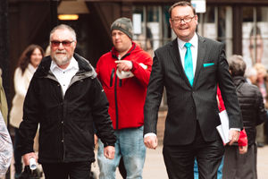 Their fate awaits – Phil Brown and Mark Andrews make their way from the Guildhall to deliver their cries