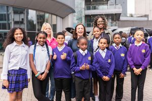 Millennium Point CEO, Abbie Vlahakis with students at SciENGINEERING