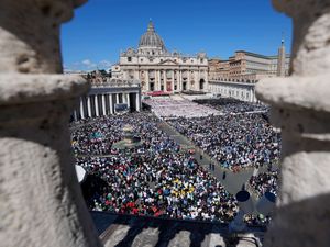 Aerial view of thousands of people gathered in St Peter’s Square at the Vatican