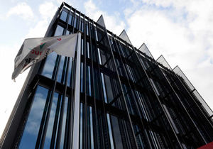 A closer view of the imposing glass structure