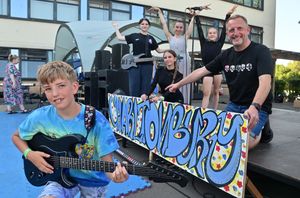 Enjoying the afternoon at the 'Charltonbury' festival hosted by The Charlton School in Wellington were headteacher Andrew McNaughton, with musicians Aarick Williams and Sophie Thompson, joined by dancers Scarlett, Sienna, and Ellie