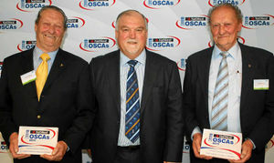 Dick and Fred with Mike Gatting after receiving their Outstanding Contribution to Cricket Awards