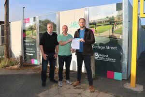 Cllr Adam Davies, Cllr Wayne Little and Shane Birch-Bastock - community campaigner and Brierley Hill Community Forum director - at the site of the planned Metro terminus in Brierley Hill
