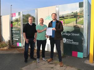 Cllr Adam Davies, Cllr Wayne Little and Shane Birch-Bastock - community campaigner and Brierley Hill Community Forum director - at the site of the planned Metro terminus in Brierley Hill 