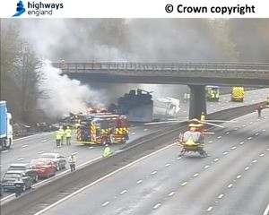 The lorry caught fire following a collision. Photo: National Highways
