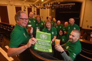 Organisers of the Dudley Winter Ales Fair raise prepare for the festival's opening: Front row: Robin Shields, Jan Hampton , Jo Sparks and Matt Sparks; behind: Andy Cartwright, Teresa Cartwright, Steve Tooth, John Corser, Andy Rex and Kevin Marshall.