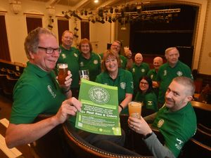 Organisers of the Dudley Winter Ales Fair raise prepare for the festival's opening: Front row: Robin Shields, Jan Hampton , Jo Sparks and Matt Sparks; behind: Andy Cartwright, Teresa Cartwright, Steve Tooth, John Corser, Andy Rex and Kevin Marshall.