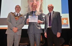 Mayor Craig Collingswood and Awards Chairman Mel Eves with Kieran Smith-Mills