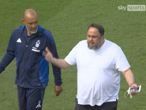 Screengrab from the X feed of Sky Sports News of a confrontation between Nuno Espirito Santo (left) and Evangelos Marinakis Forest v afeed of Sky Sports News of a confrontation between Nuno Espirito Santo (left) and Evangelos MarinakisCity – Premier League – City Ground