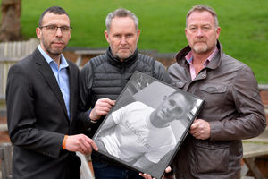 Father of murder victim Ryan Passey, Adrian, centre, with right  private investigator Russ Winfield and left campaign head Jason Connon