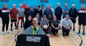 Back row, from left: Jon Tudge, Under-15 Girls Whites Manager, Mike Walters, Under-11s Reds Manager and Treasurer, Keith Davies, walking footballer, Dan Broster, Under-12s Blacks Manager and Junior Chair. Front row: George Walters and Frankie Tudge, Under-11s Reds Players, Tim Nash and Harvey Broster, Under-12s Blacks player. Three generations of Spartans are featured here – Keith is father-in-law of Dan, who also played for Spartans, and his granddad to Harvey.