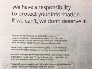 Supporting image for story: Facebook has taken out full page adverts in newspapers to apologise for ‘breach of trust’