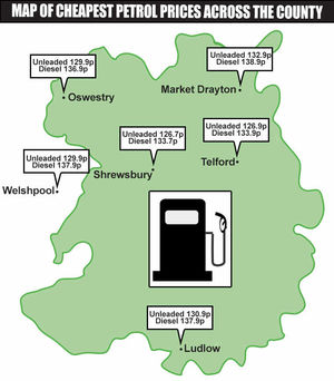 A map showing the cheapest pump prices for fuel on forecourts across the county - click on th e map to see it full size