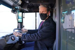 Sir Keir Starmer sits in the driver's seat of a hydrogen powered bus during a visit to Tyseley Energy Park
