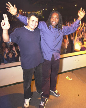 Club DJ Joe Cocolucci from Ketley with boxer turned DJ, Nigel Benn, who span the disks for 2,500 teenagers at Telford Ice Rink.