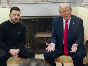 US president Donald Trump, right, sits next to Ukrainian president Volodymyr Zelensky in the Oval Office at the White House in Washington