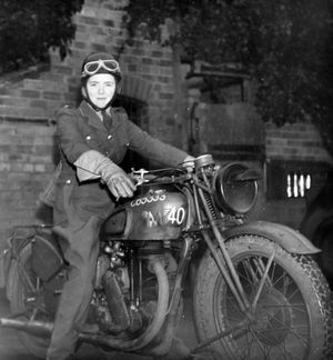 Felice rides high on her Matchless somewhere in the West Midlands in 1941