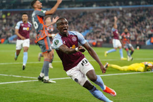 Aston Villa's Moussa Diaby celebrates scoring their second goal of the game