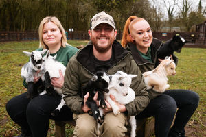 Exotic Zoo in Telford with baby goats. In Picture are Gemma Duce, Scott Adams and Mel Garton.