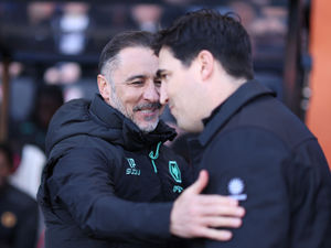 Vitor Pereira, Manager of Wolverhampton Wanderers, embraces Andoni Iraola (Photo by Jack Thomas - WWFC/Wolves via Getty Images)