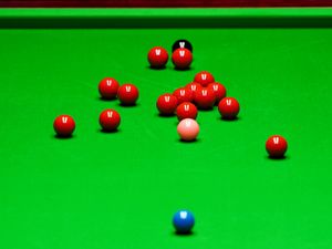 A general view of snooker balls at the 2023 World Snooker Championship