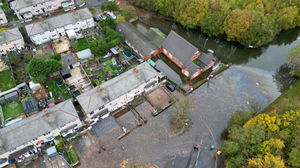  Aerial image showing the severity of the flooding around the Leabrook Road area of Wednesbury on Saturday, after a water main burst.