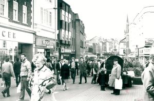 Dudley High Street, viewed from the recently-pedestrianised market place, as it looked in May 1985. 