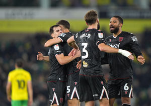 Albion players celebrate a hard-fought and battling away victory in Norwich on Wednesday night.