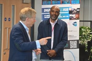Entrepreneur Richard Harpin in Walsall at the Digital Skills Hub, run by the Mercian Trust, with Kevin Davis - co-founder and chair of The Mercian Trust