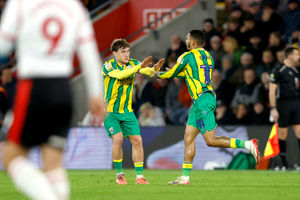 Karlan Grant after pulling a goal back for West Brom against Southampton (Photo by Adam Fradgley/West Bromwich Albion FC via Getty Images)