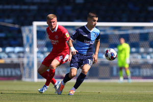 Taylor Moore of Shrewsbury Town and Anis Mehmeti of Wycombe Wanderers (AMA)