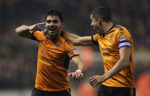 Conor Coady celebrates with Ruben Neves after the midfielder's goal against Derby.
