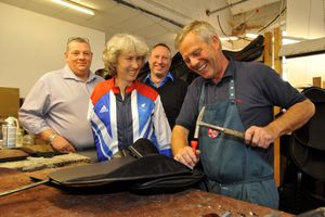 Gold medal paralympian Deb Criddle visits Ideal Saddle company to meet the people who made her saddle, with Deb are left, Rob Lugsdin, Shaun Marsland and Tony Fellows