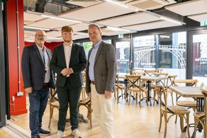 Councillor Ollie Vickers, centre, with Tim Luft, right, and Nigel Birch from Ironmasters Catering