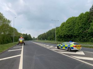 An air ambulance at the scene on the A442. Photo: @Helistig