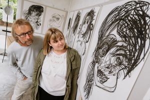 Cath Robertson, a local Jackfield artist, with Simon Rice at Maws Craft Centre