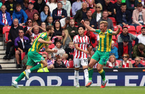 Heggebo celebrates with Nat Phillips during a victory at Stoke (Photo by Nathan Stirk/Getty Images)