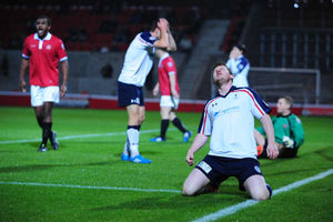 So close! Conor McCarthy reacts after narrowly failing to give Telford the lead.