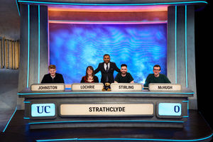 They were beaten by Strathclyde University. Pictured (left to right): Matthew Johnston, Kate Lochrie, Jack Stirling, Tom McHugh with presenter Amol Rajan (back centre)
